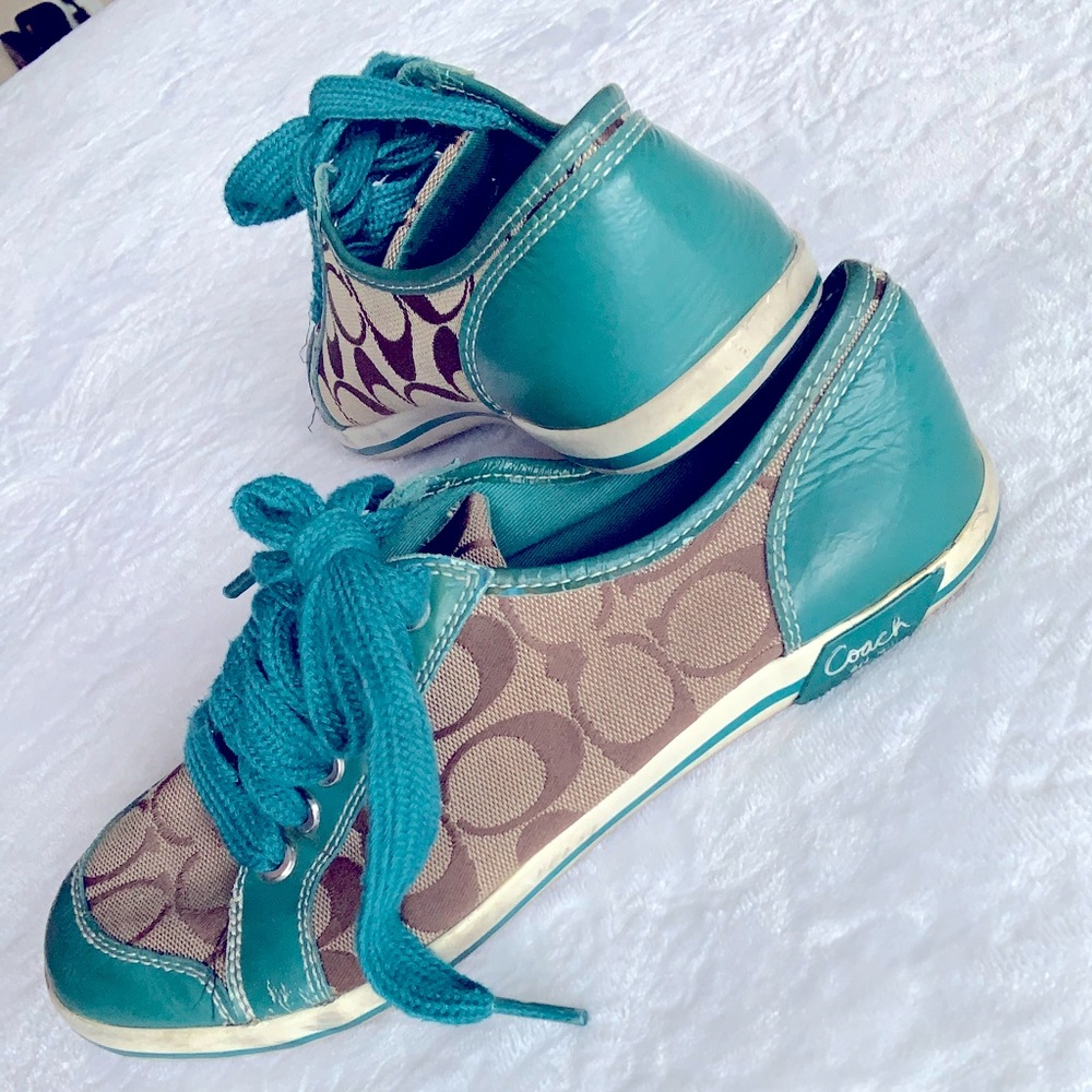 Coach Brodi Teal & Brown Tie Up Sneaker Tennis Shoes, 8